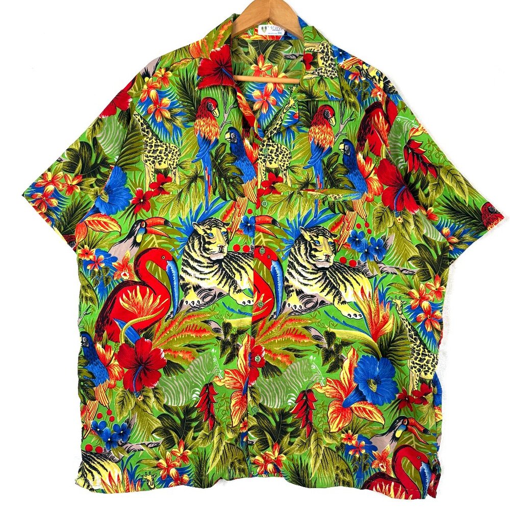 V.H.O Jungle Print Hawaiian Tropical Short Sleeve Button Up Shirt Mens 3XL